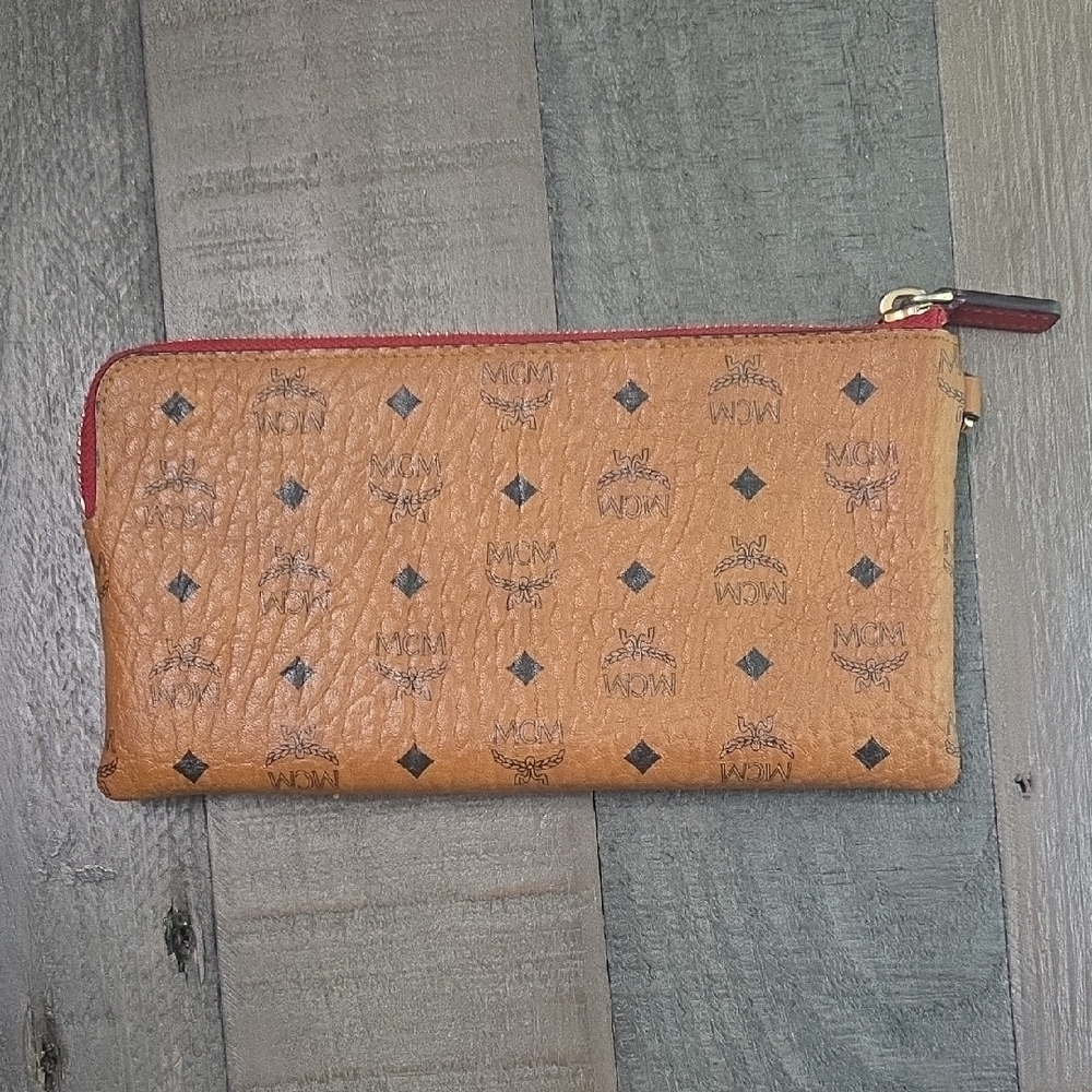 MCM Cognac Leather Wristlet with Red Zipper